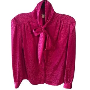 Vintage Rich Fuschia Long Sleeve Bow Blouse with Print by Haberdasher.  Size=7/8